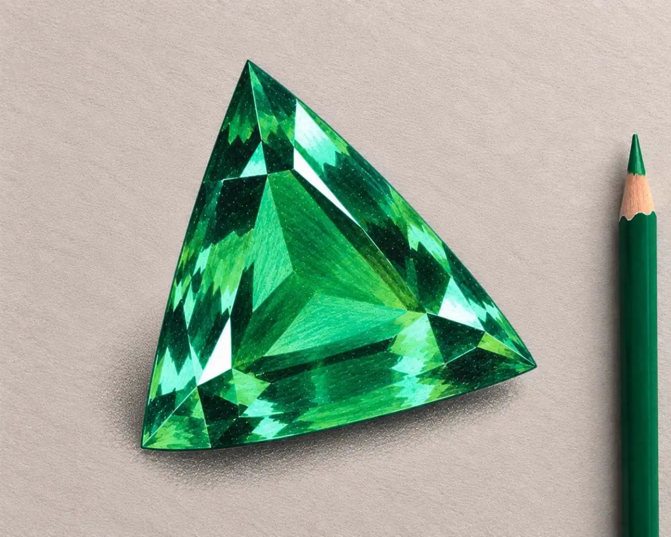 A drawing of a green trilliant-cut emerald, its triangular facets layered from pale mint to deep forest green