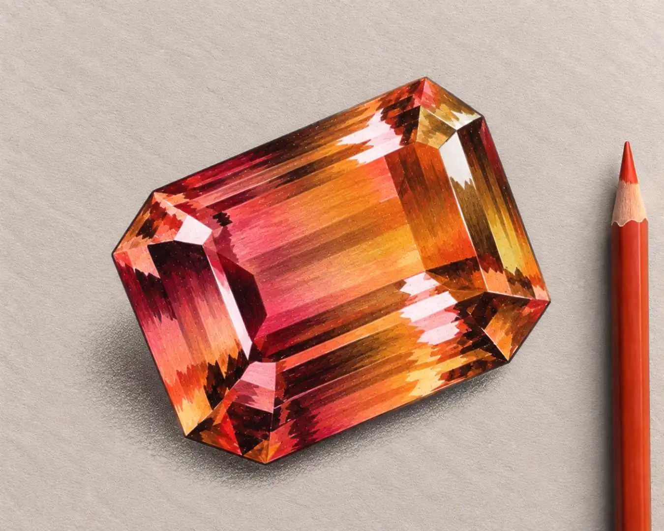 A drawing of an emerald-cut sunstone graduating from pink through orange to warm gold across its facets