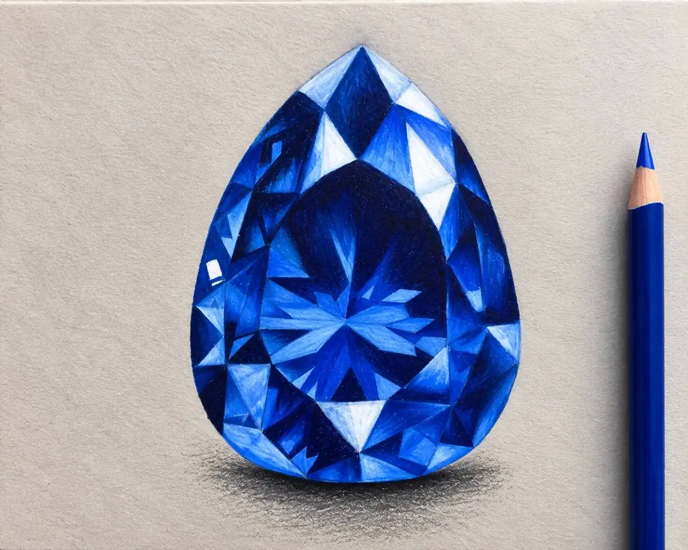 A drawing of a pear-cut blue sapphire with bright white highlights against deep navy facets