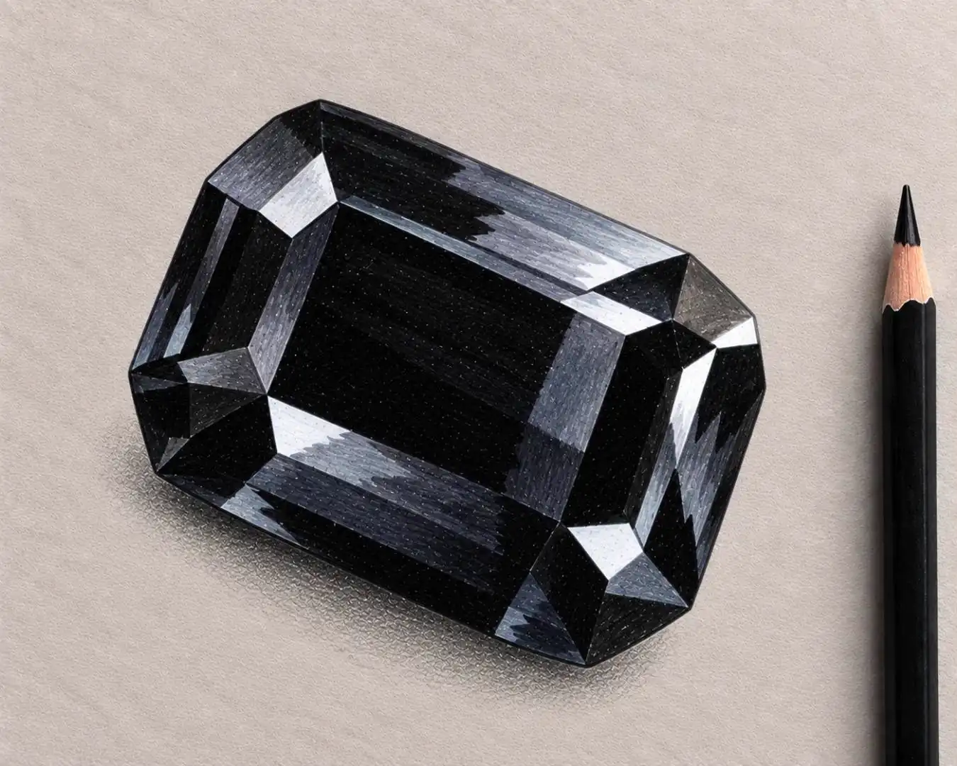 A drawing of an emerald-cut black onyx, near-black facets broken by sharp silver-white highlights