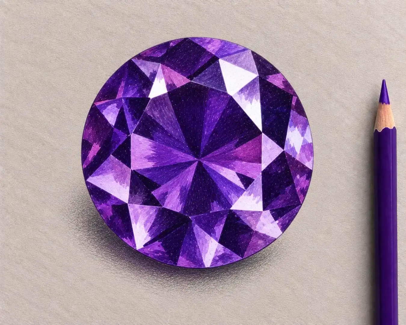 A drawing of a round brilliant amethyst, its facets radiating from pale lilac to deep purple