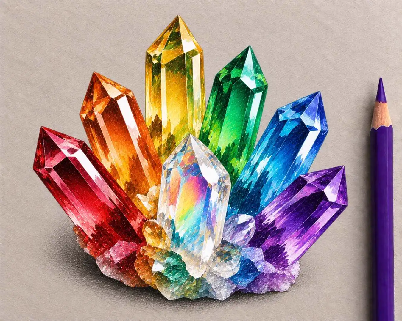 A drawing of a rainbow crystal cluster, seven faceted points in red, orange, yellow, green, blue, purple and clear iridescent white