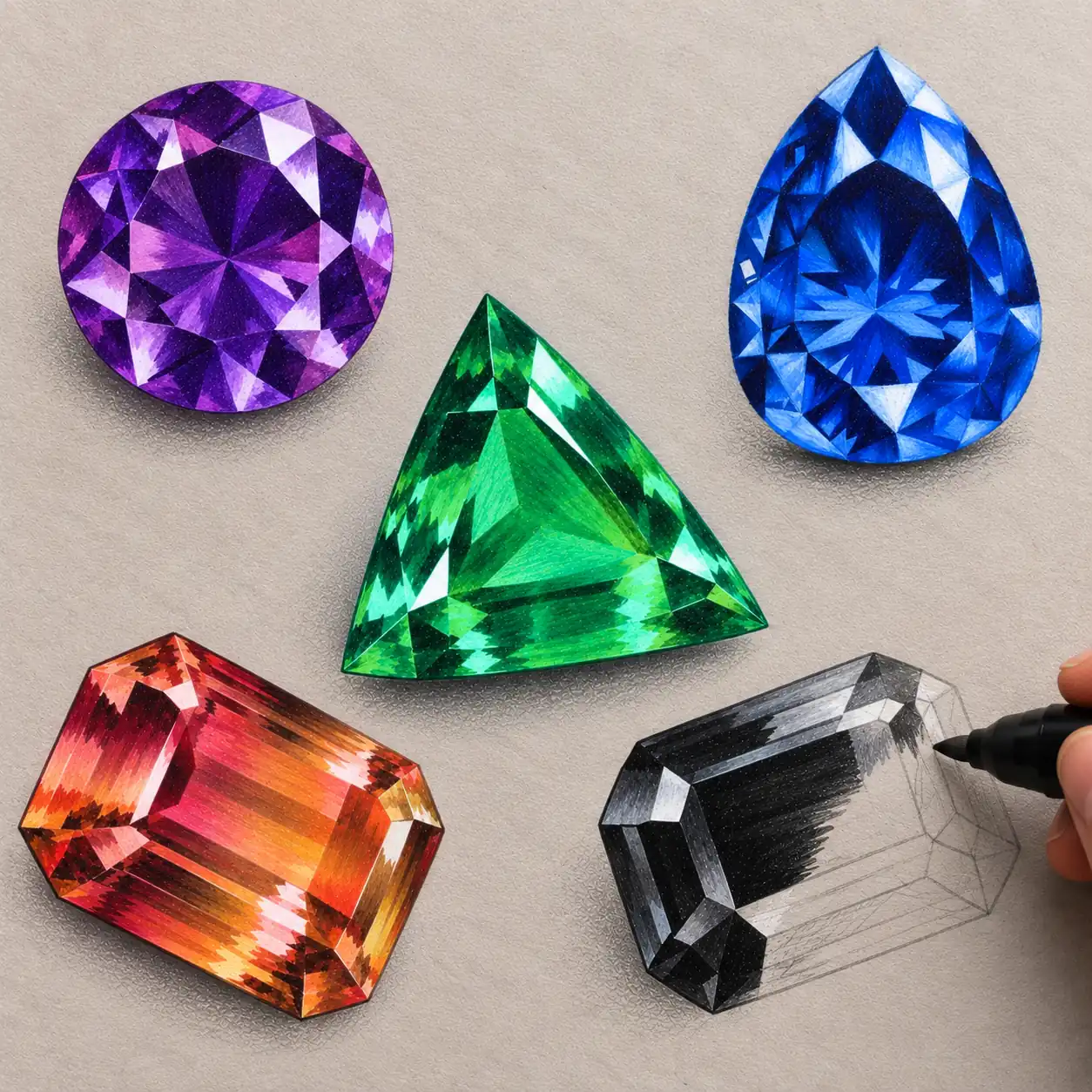 Five gemstone drawings on textured paper: a purple round amethyst, a blue pear-cut sapphire, a green trilliant emerald, an orange sunstone and a black onyx being drawn with a marker